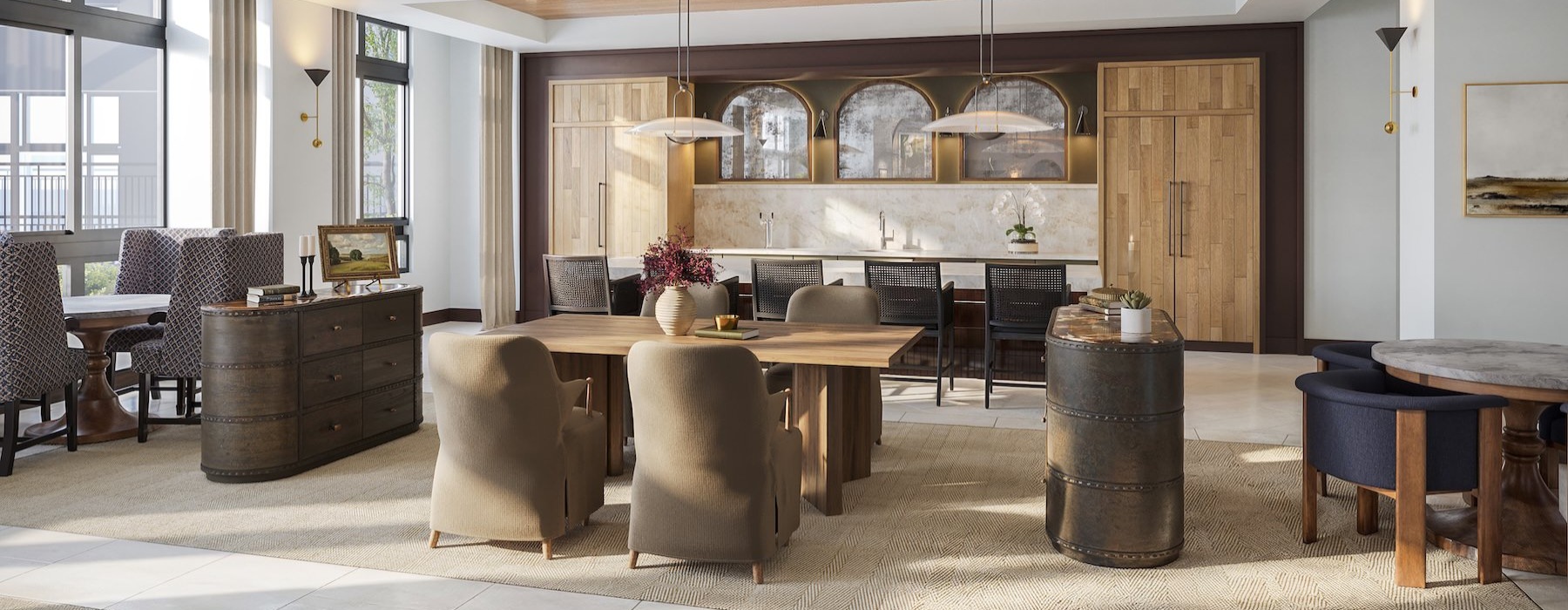 a clubroom with tables and chairs