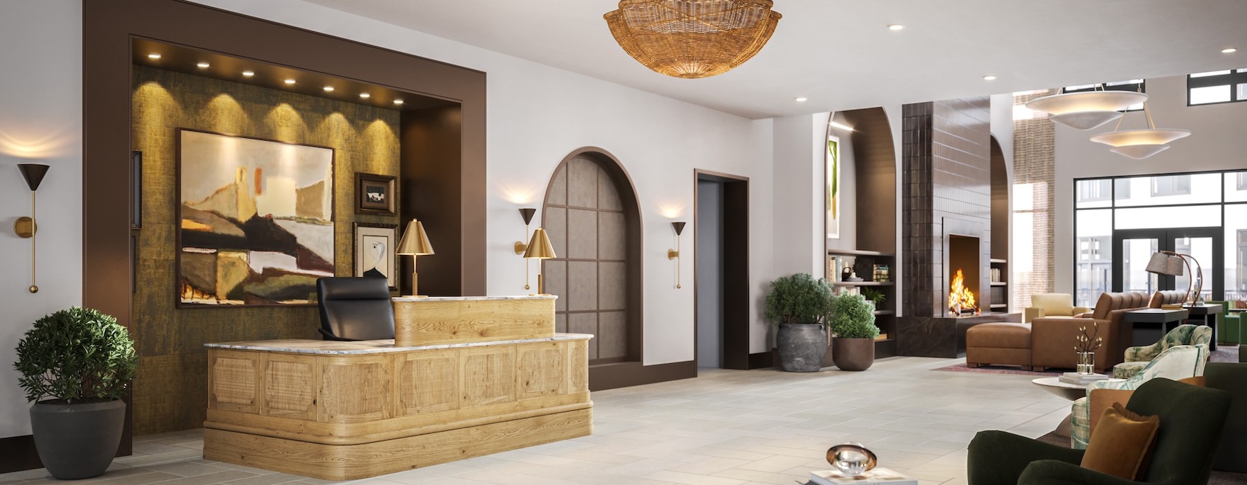 a leasing office with a front desk and chairs