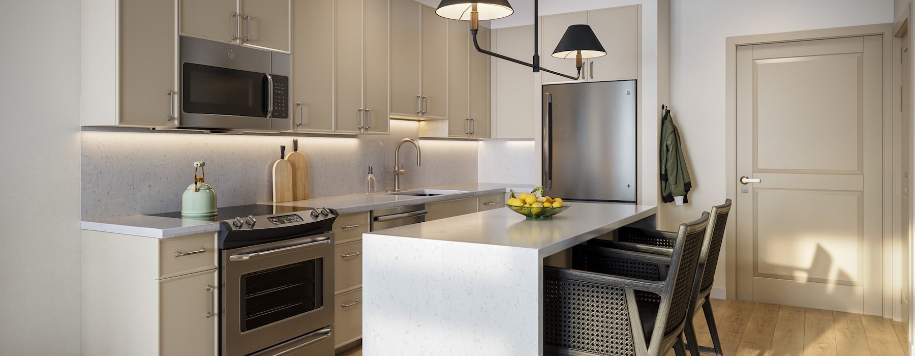 a kitchen with white cabinets