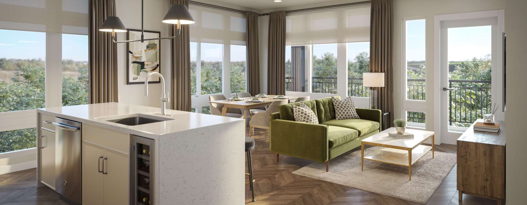 open living with kitchen island couch and coffee table 