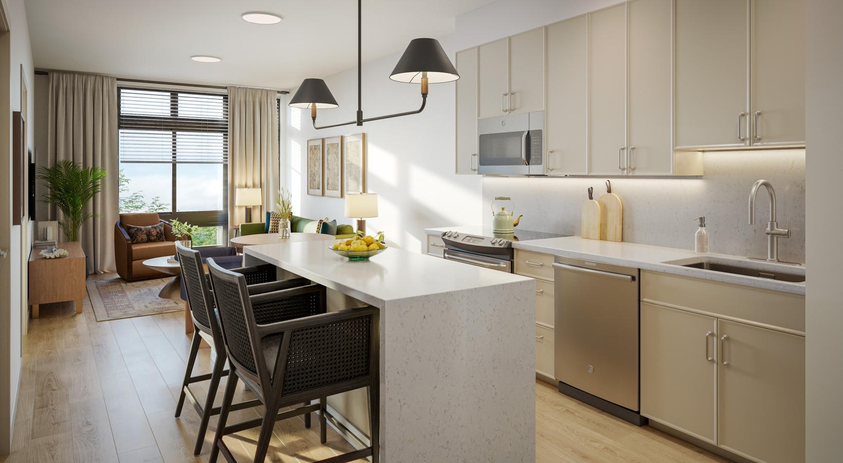 a kitchen with white cabinets